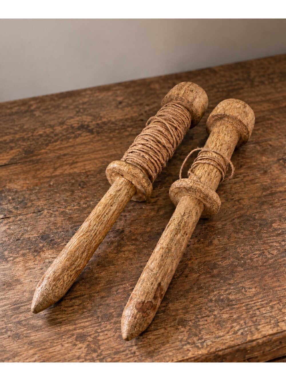 Vintage Indian Wooden Kite String Spools Reels 12” Pair Made in India Twine